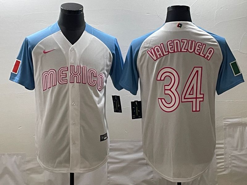 Men 2023 World Cub Mexico #34 Valenzuela White blue Nike MLB Jersey8